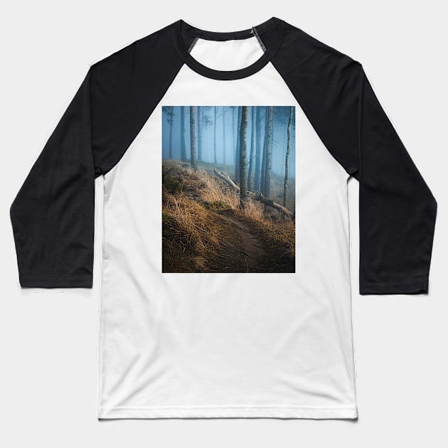 Foggy forest landscape Baseball T-Shirt by Juhku